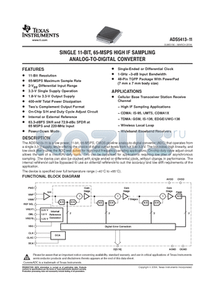 ADS5413-11IPHP datasheet - SINGLE 11-BIT, 65-MSPS HIGH IF SAMPLING