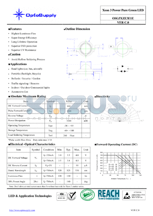 OSG5XZE3E1E datasheet - Xeon 3 Power Pure Green LED Superior ESD protection Long Lifetime Operation