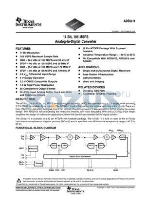 ADS5411 datasheet - 11 Bit, 105 MSPS Analog-to-Digital Converter