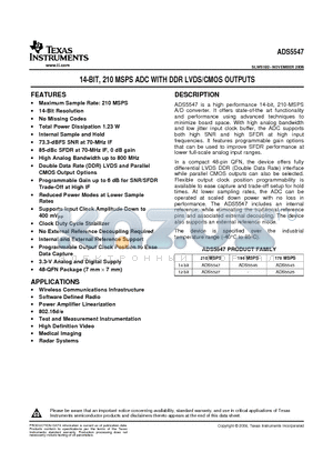 ADS5547IRGZT datasheet - 14-BIT, 210 MSPS ADC WITH DDR LVDS/CMOS OUTPUTS