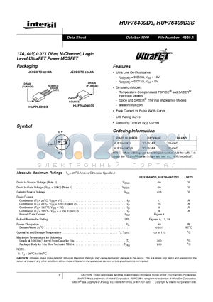 HUF76409D3 datasheet - 17A, 60V, 0.071 Ohm, N-Channel, Logic Level UltraFET Power MOSFET
