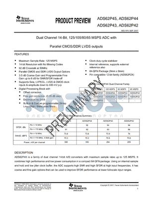 ADS62P45 datasheet - Dual Channel 14-Bit, 125/105/80/65 MSPS ADC with Parallel CMOS/DDR LVDS outputs