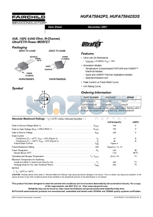 HUFA75842P3 datasheet - 43A, 150V, 0.042 Ohm, N-Channel, UltraFET Power MOSFET
