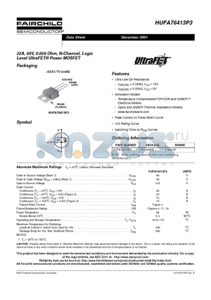 HUFA76413P3 datasheet - 22A, 60V, 0.056 Ohm, N-Channel, Logic Level UltraFET Power MOSFET
