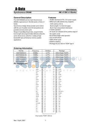 ADS7608A4A-6 datasheet - Synchronous DRAM(4M X 8 Bit X 4 Banks)