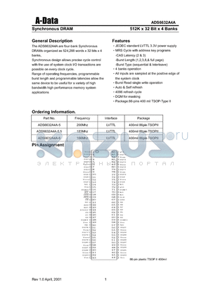 ADS6632A4A-5 datasheet - Synchronous DRAM(512K X 32 Bit X 4 Banks)