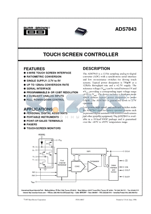 ADS7843 datasheet - TOUCH SCREEN CONTROLLER