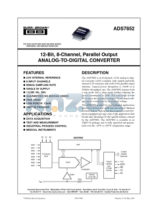 ADS7852 datasheet - 12-Bit, 8-Channel, Parallel Output ANALOG-TO-DIGITAL CONVERTER