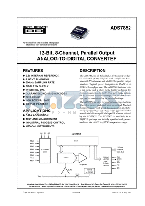 ADS7852YB datasheet - 12-Bit, 8-Channel, Parallel Output ANALOG-TO-DIGITAL CONVERTER