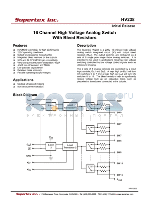 HV238 datasheet - 16 Channel High Voltage Analog Switch With Bleed Resistors