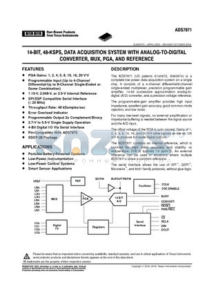 ADS7871IDBG4 datasheet - 14-BIT, 48-KSPS, DATA ACQUISITION SYSTEM WITH ANALOG-TO-DIGITAL CONVERTER, MUX, PGA, AND REFERENCE
