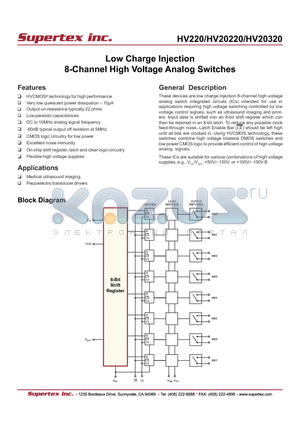 HV20220 datasheet - Low Charge Injection 8-Channel High Voltage Analog Switches