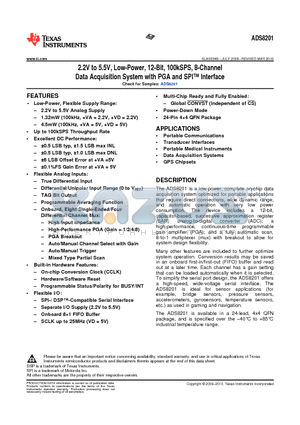 ADS8201IRGET datasheet - 2.2V to 5.5V,Low-Power, 12-Bit, 100kSPS, 8-Channel Data Acquisition System with PGA and SPI Interface