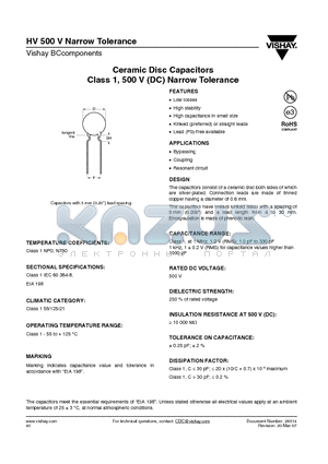 HV500V_1 datasheet - Ceramic Disc Capacitors Class 1, 500 V (DC) Narrow Tolerance