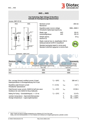 HV5 datasheet - Fast Switching High Voltage Si-Rectifiers