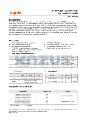 HV51V7403HGL-5 datasheet - 4M x 4Bit EDO DRAM