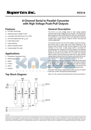 HV514 datasheet - 8-Channel Serial to Parallel Converter with High Voltage Push-Pull Outputs