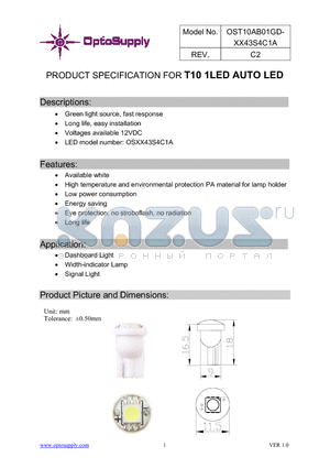 OST10AB01GD-OSW443S4C1A datasheet - PRODUCT SPECIFICATION FOR T10 1LED AUTO LED