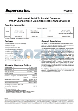 HV57009 datasheet - 64-Channel Serial To Parallel Converter With P-Channel Open Drain Controllable Output Current