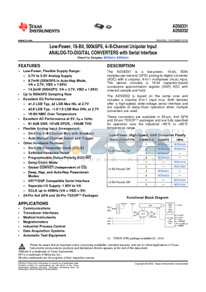 ADS8332 datasheet - Low-Power, 16-Bit, 500kSPS, 4-/8-Channel Unipolar Input ANALOG-TO-DIGITAL CONVERTERS with Serial Interface