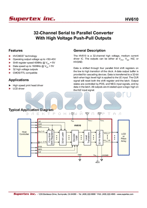 HV610 datasheet - 32-Channel Serial to Parallel Converter With High Voltage Push-Pull Outputs