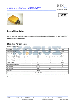 HV7001 datasheet - 21.1 GHz to 21.4 GHz VCO