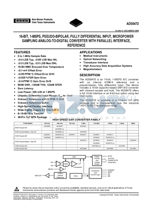 ADS8370 datasheet - 16-BIT, 1-MSPS, PSEUDO-BIPOLAR, FULLY DIFFERENTIAL INPUT, MICROPOWER SAMPLING ANALOG-TO-DIGITAL CONVERTER WITH PARALLEL INTERFACE, REFERENCE