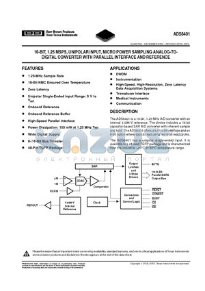 ADS8401IPFBR datasheet - 16-BIT, 1.25 MSPS, UNIPOLAR INPUT, MICRO POWER SAMPLING ANALOG-TODIGITAL CONVERTER WITH PARALLEL INTERFACE AND REFERENCE