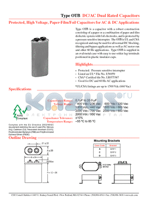 OTBE505KNPIR-F datasheet - DC/AC Dual Rated Capacitors Protected, High Voltage, Paper-Film/Foil Capacitors for AC & DC Applications