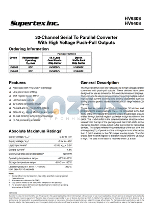 HV9408 datasheet - 32-Channel Serial To Parallel Converter With High Voltage Push-Pull Outputs
