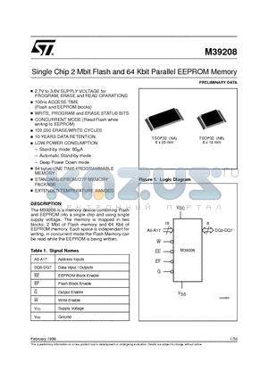 M39208-10WNA1T datasheet - Single Chip 2 Mbit Flash and 64 Kbit Parallel EEPROM Memory