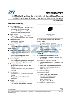 M39P0R9070E0ZAD datasheet - 512 Mbit (x16, Multiple Bank, Multi-Level, Burst) Flash Memory 128 Mbit Low Power SDRAM, 1.8V Supply, Multi-Chip Package