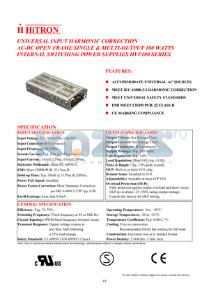 HVP100-17 datasheet - UNIVERSAL INPUT HARMONIC CORRECTION AC-DC OPEN FRAME SINGLE & MULTI-OUTPUT 100 WATTS INTERNAL SWITCHING POWER SUPPLIES