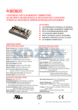 HVP149-S120150 datasheet - UNIVERSAL INPUT HARMONIC CORRECTION AC-DC OPEN FRAME SINGLE & MULTI-OUTPUT 150 WATTS INTERNAL SWITCHING POWER SUPPLIES