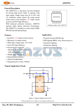 ADT6752 datasheet - Step-down converter designed for driving high power LEDs