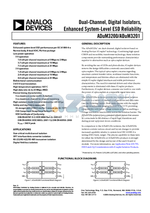 ADUM3201BRZ-RL7 datasheet - Dual-Channel, Digital Isolators, Enhanced System-Level ESD Reliability
