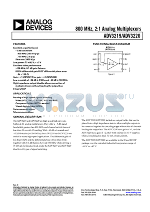 ADV3219ACPZ datasheet - 800 MHz, 2:1 Analog Multiplexers