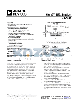 ADV3003ACPZ-R7 datasheet - HDMI/DVI TMDS Equalizer