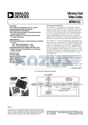 ADV601LCJST datasheet - Ultralow Cost Video Codec