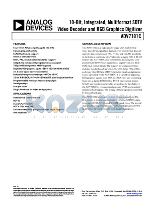 ADV7181CBSTZ datasheet - 10-Bit, Integrated, Multiformat SDTV Video Decoder and RGB Graphics Digitizer