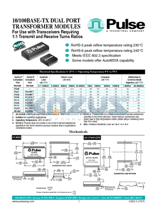 HX1294NL datasheet - 10/100BASE-TX DUAL PORT TRANSFORMER MODULES