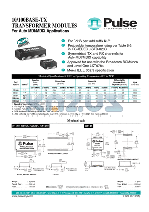 HX1240 datasheet - 10/100BASE-TX TRANSFORMER MODULES For Auto MDI/MDIX Applications