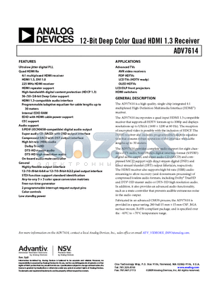 ADV7614 datasheet - 12-Bit Deep Color Quad HDMI 1.3 Receiver