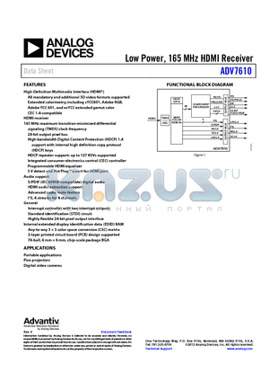 ADV7610 datasheet - Low Power, 165 MHz HDMI Receiver