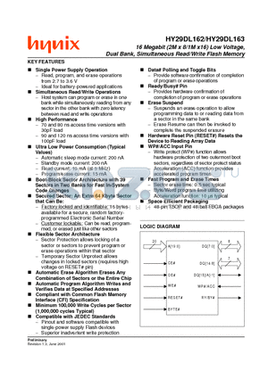 HY29DL162BF-80 datasheet - 16 Megabit (2M x 8/1M x16) Low Voltage, Dual Bank, Simultaneous Read/Write Flash Memory