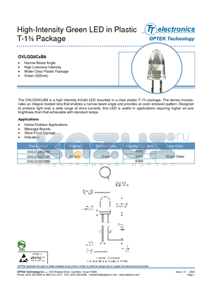 OVLGG0CXB9 datasheet - High-Intensity Green LED in Plastic T-1n Package