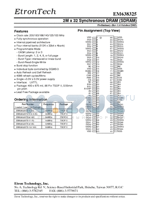 EM638325TS-7/-7G datasheet - 2M x 32 Synchronous DRAM (SDRAM)