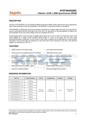 HY57V643220CLT-P datasheet - 4 Banks x 512K x 32Bit Synchronous DRAM