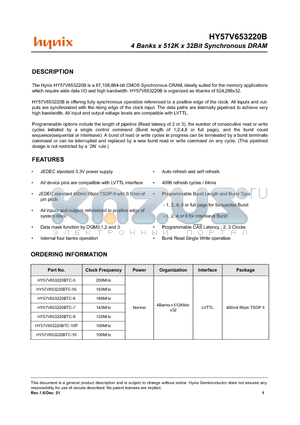 HY57V653220BTC-10 datasheet - 4 Banks x 512K x 32Bit Synchronous DRAM