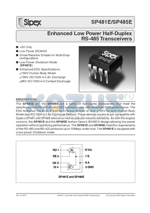 SP485ECN datasheet - Enhanced Low Power Half-Duplex RS-485 Transceivers